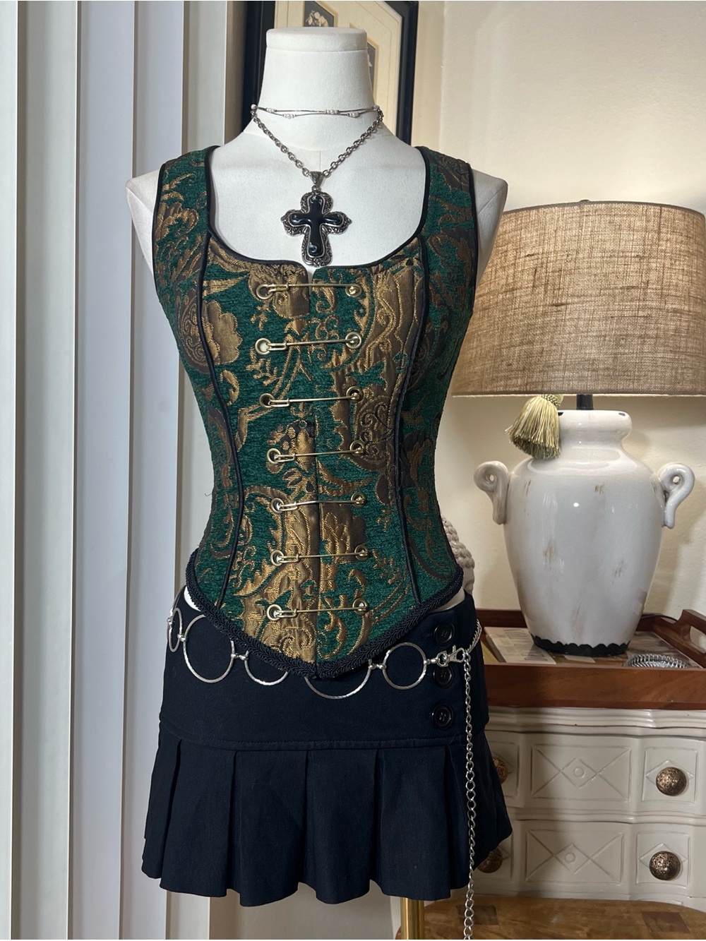 Y2K Shrine Green and Gold Brocade Corset Camisole Top